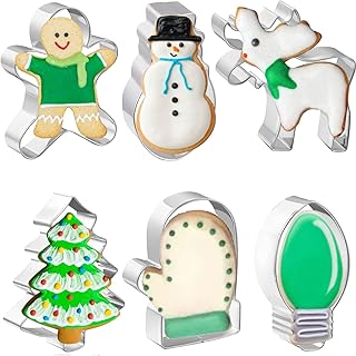 JOB JOL Cookie Cutters 6 PCS, Large Christmas Cookie Cutters, 4'', Gingerbread Man, Christmas Tree, Snowman, Light Bulb, M...