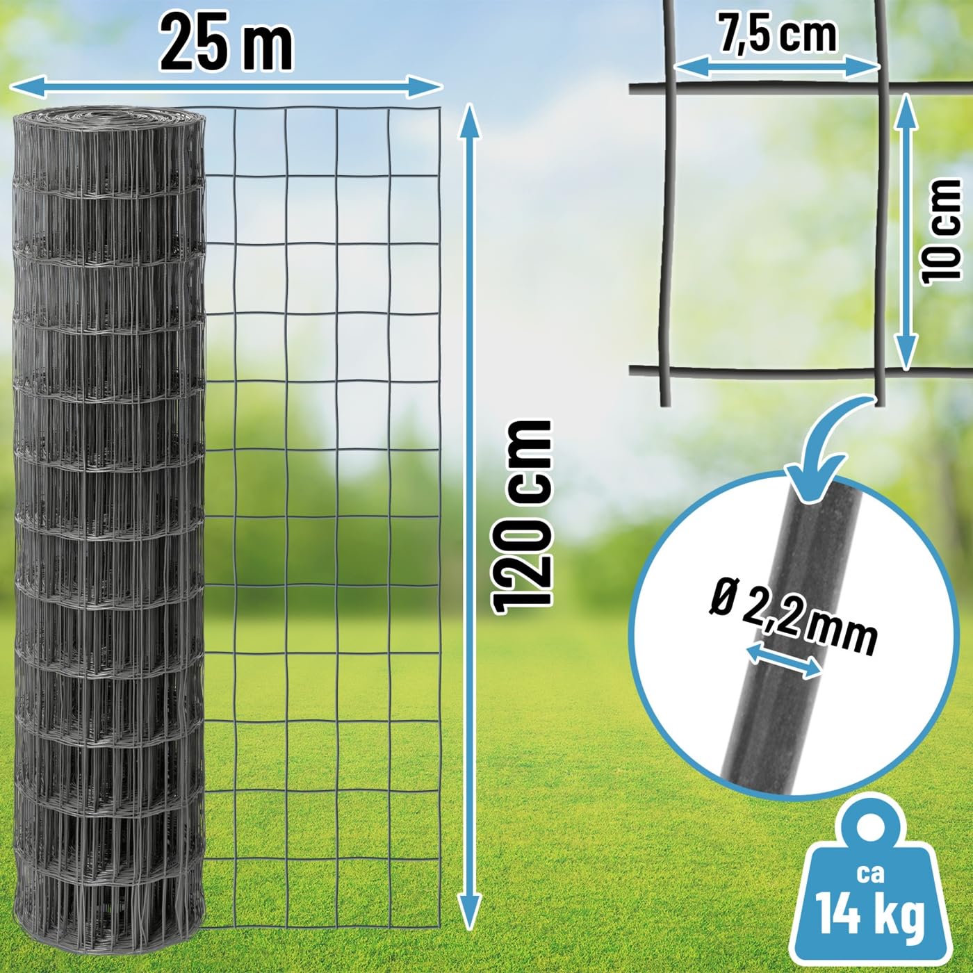 VOSS.garden 25m Gitterzaun 120cm Premium Maschendrahtzaun 100x75mm Gartenzaun Anthrazit Wetterfest Punktgeschweißt