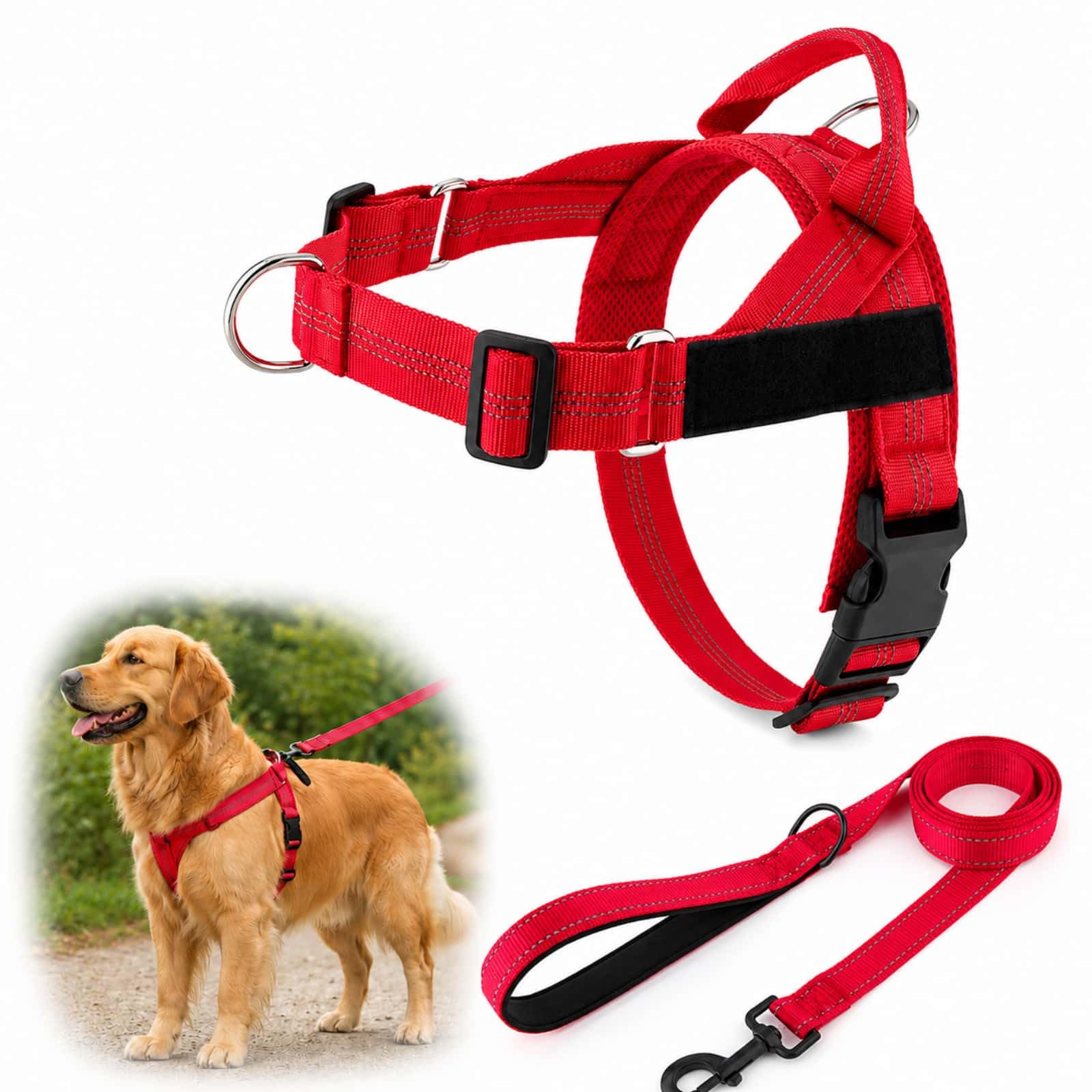 Dog Harness No Pull Adjustable Breathable Front Clip (Red, M)