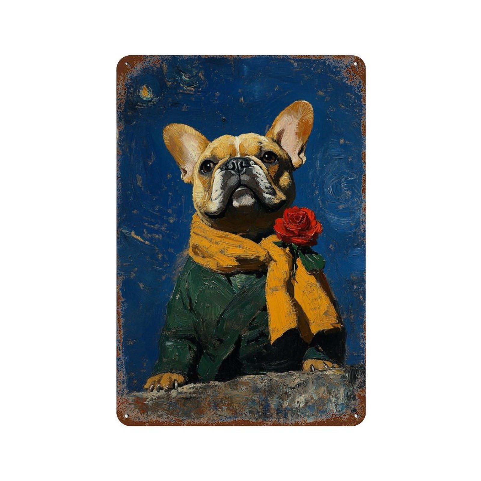 French Bulldog with Rose Decorative Tin Sign 11.8"x7.9", Vintage Wall Decor for Basement, Hobby Room And Garage Decor