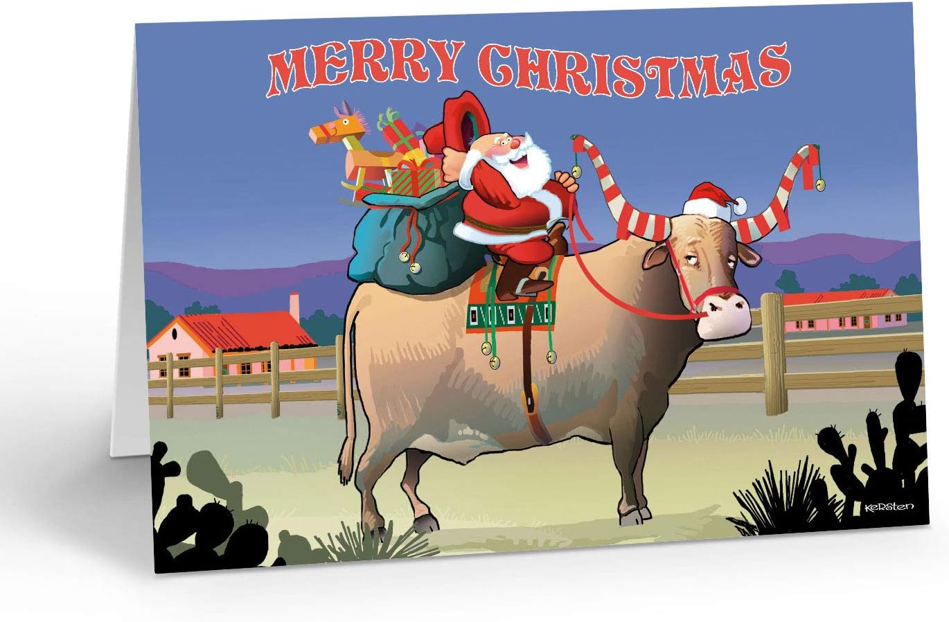 Stonehouse Collection - Western Christmas Card - 18 Cards and Envelopes - Santa Rides Texas Longhorn - USA Made