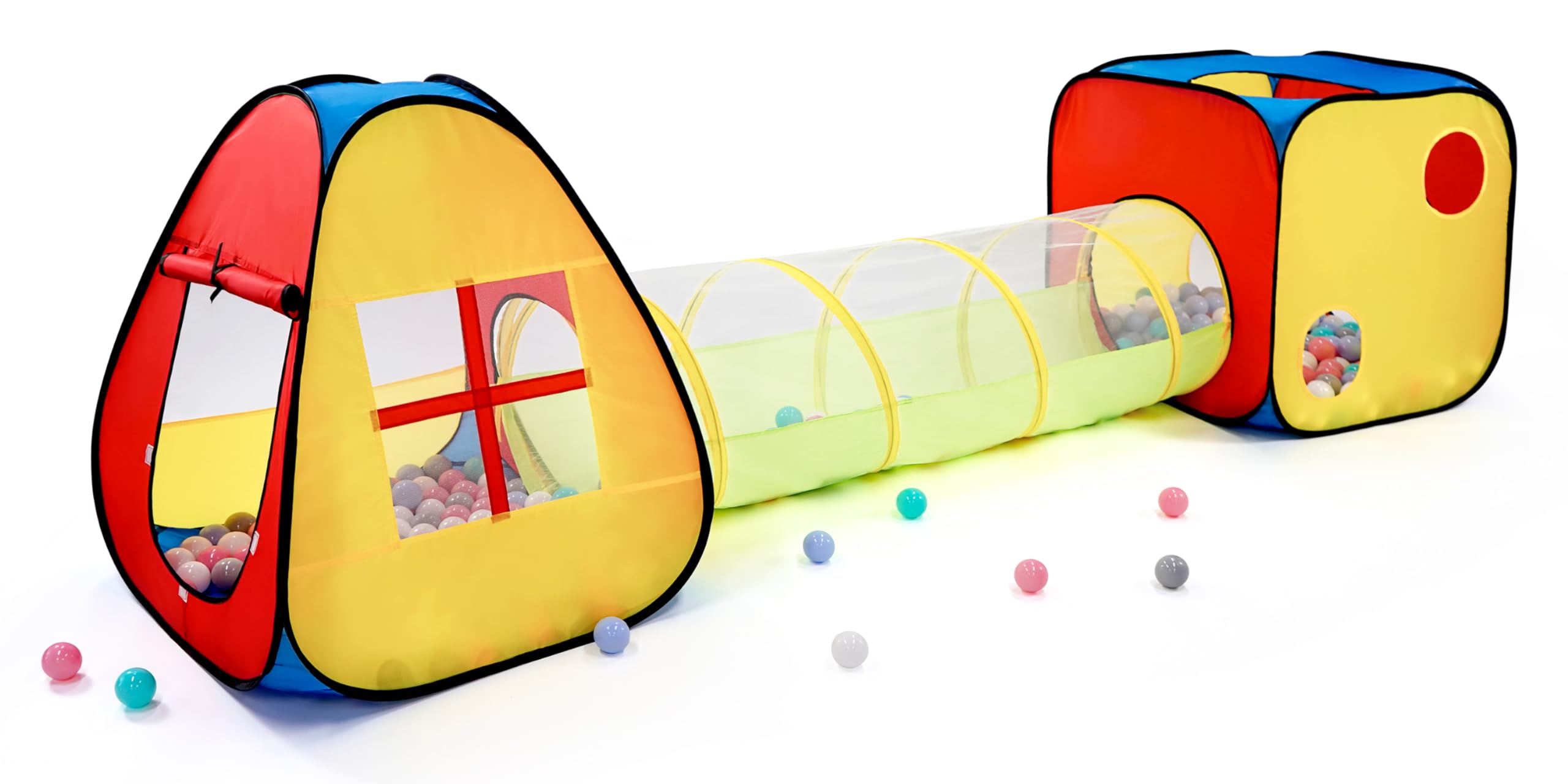 3 in 1 Pop Up Kids Play Tent with Tunnel and Ball Pit for Kids, Boys, Girls, Babies and Toddlers, Indoor/Outdoor Playhouse, Red&Yellow&Blue