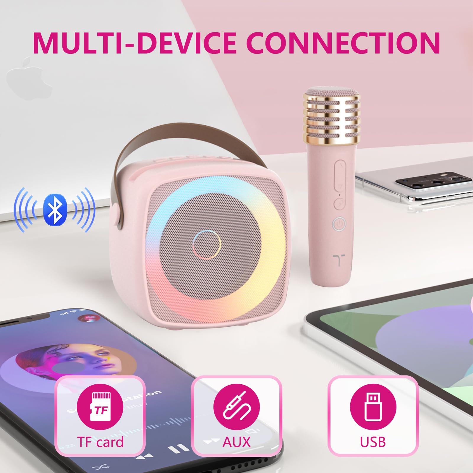 Machine Karaoké 2 Microphones pour Garçons Filles, Enfants Adultes Enceinte Bluetooth Portable avec Support Téléphone, Enceinte avec Lumières LED et Changer de Voix pour Fêtes à Domicile