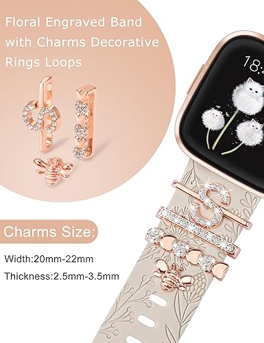 Miniatura 3 de Minyee Correa con dije grabado floral compatible con Fitbit Versa 2Fitbit VersaVersa Lite bandas para mujer, anillo decorativo brillante de silicona