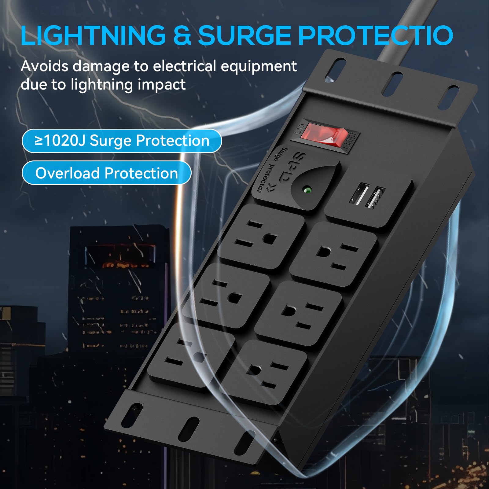 PDU para rack de 10 pulgadas, 2U (6 tomas), unidad de distribución de energía en rack con protección contra sobretensiones 1020J (cable de 125 V/15 A 14 AWG) y 2 USB-A, montaje en rack para 10