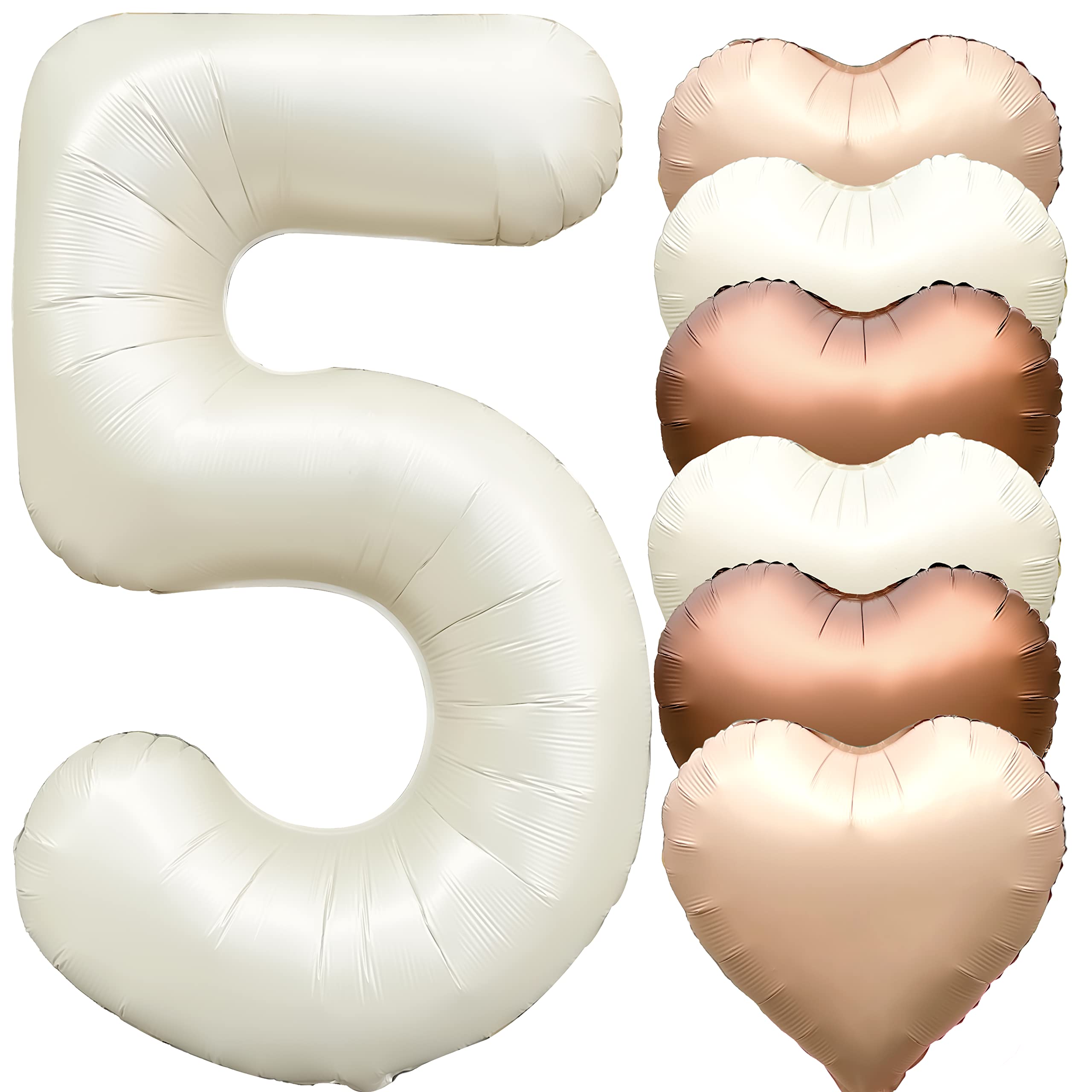 Jonhamwelbor 40 inch Number 5 Balloon Cream White Large Big Foil Helium Mylar Number Balloons with Heart Balloons for Girl Boy five Year Old 5th