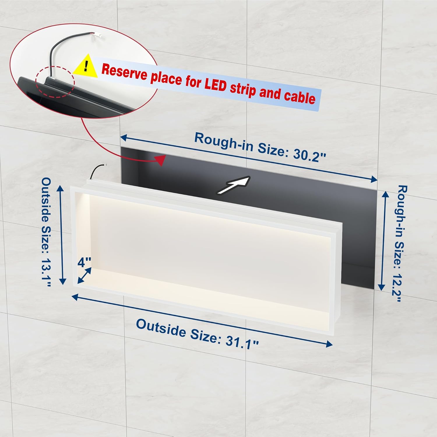 White LED Recessed Shower Niche，30"X12" Bathroom Cabinet,with 3-CCT COB LED Strip Light 3000K/4000K/6000K Waterproof No Tile Need Stainless Steel Wall Niche for Shower wall