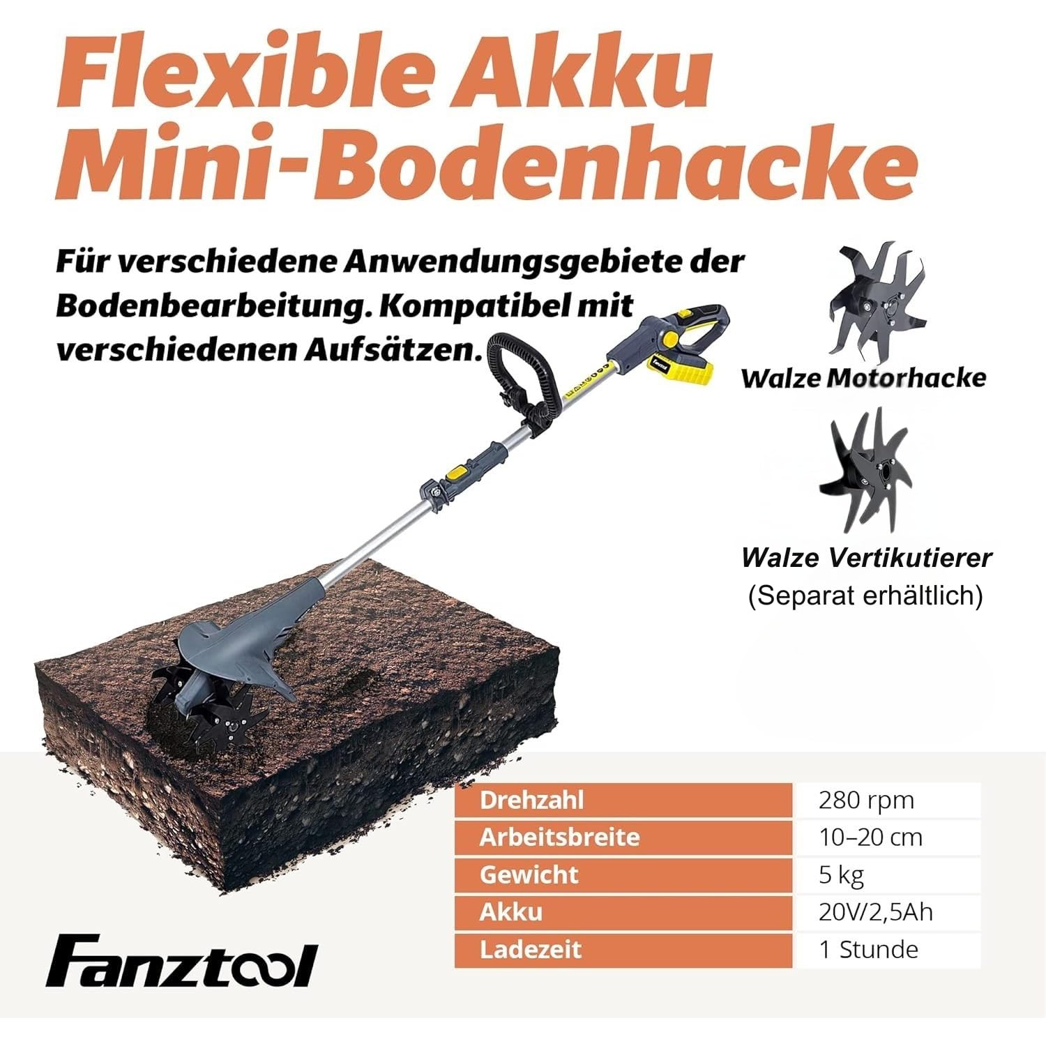 FANZTOOL AK0019 mini Motorhacke Akku 20V inkl. 2.5Ah Akku & Ladegerät, Gartenfräse mit 20cm Arbeitsbreite,15 cm Arbeitstiefe Bodenhacke für klein Beet & Garten