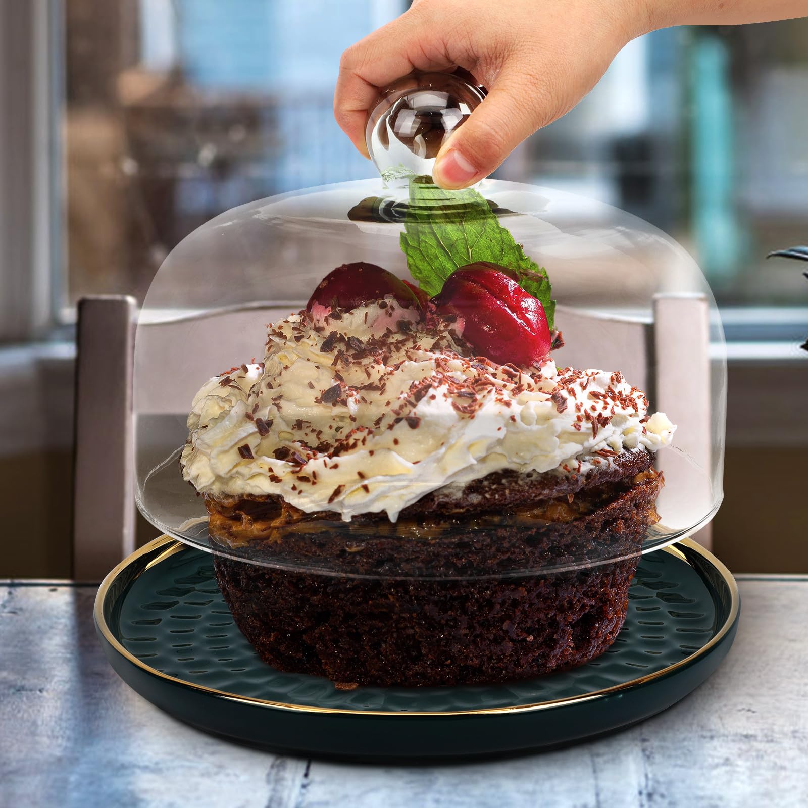 Dessertplatte 1 Satz Keramik mit Glasdeckel für Obst und Dessert Halloween | Kuchenaufbewahrungstablett, Lebensmittel Schutz, Grün, für Hochzeiten und Familienfeiern, Elegante Ausführung