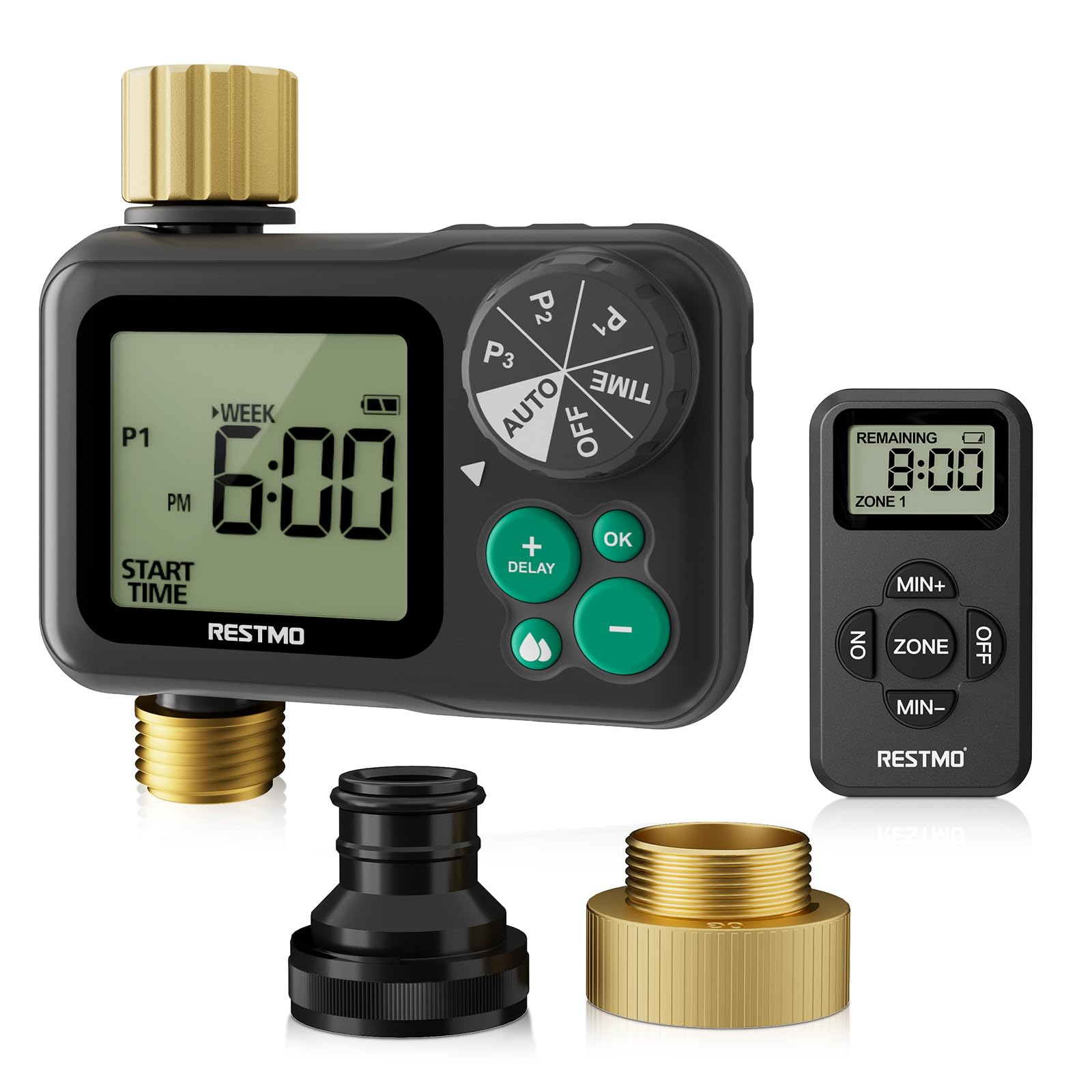 RESTMO Bewässerungscomputer mit integriertem RF-Chip und Fernbedienung, automatisch/manuell/Regenverzögerung, Bewässerungstimer für Gartenschlauch, Außenwasserhahn, Rasen