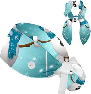 FVQL 2 Pieces Surgical Cap for Long Hair Scrub Cap with Hairband Nurse Cap, Snowman Snowflake Skiing Pattern