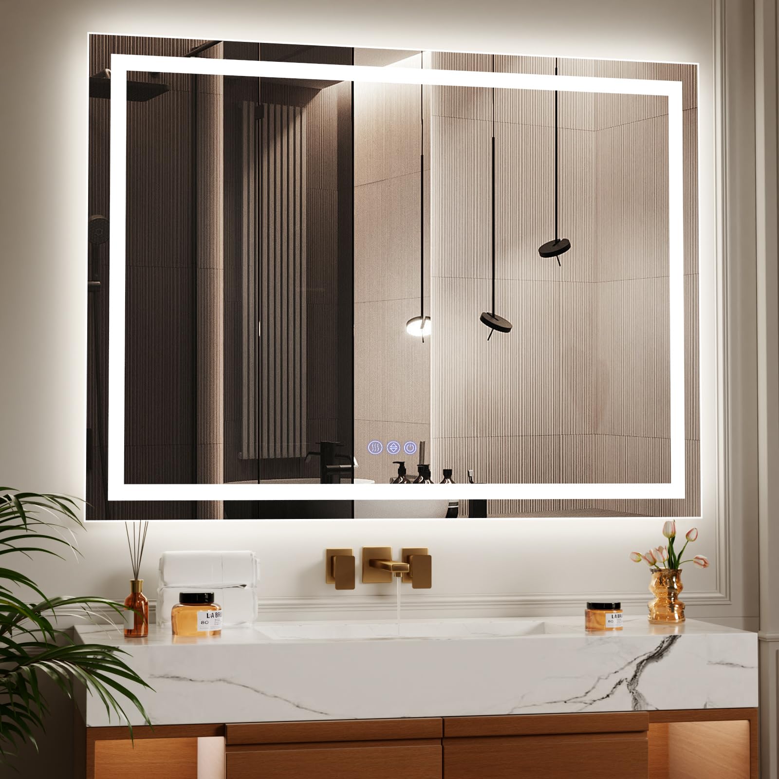 Koonmi White 120X90cm Led Bathroom Mirror, 3 Adjustable Lighting Modes Lighted Smart Vanity Mirror With Front And Backlight, Anti-Fog, Memory Function, Tempered Glass, Mounted Horizontally Vertically