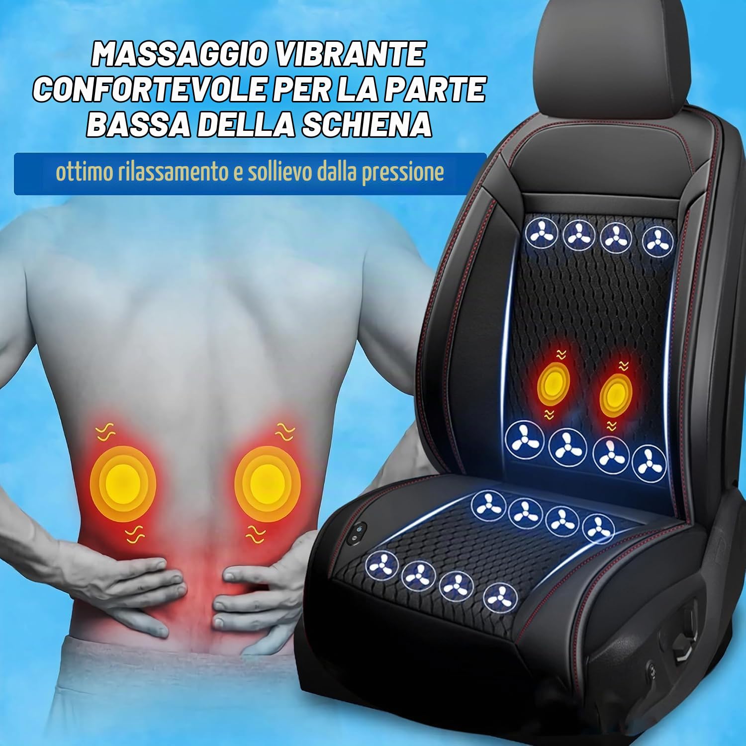 2026 Copertina per sedile auto rinfrescante 3-in-1 con massaggio, cuscino ventilato, 12V, traspirante, con 16 ventole, per seggiolino anteriore estivo, nero, 1 pezzo