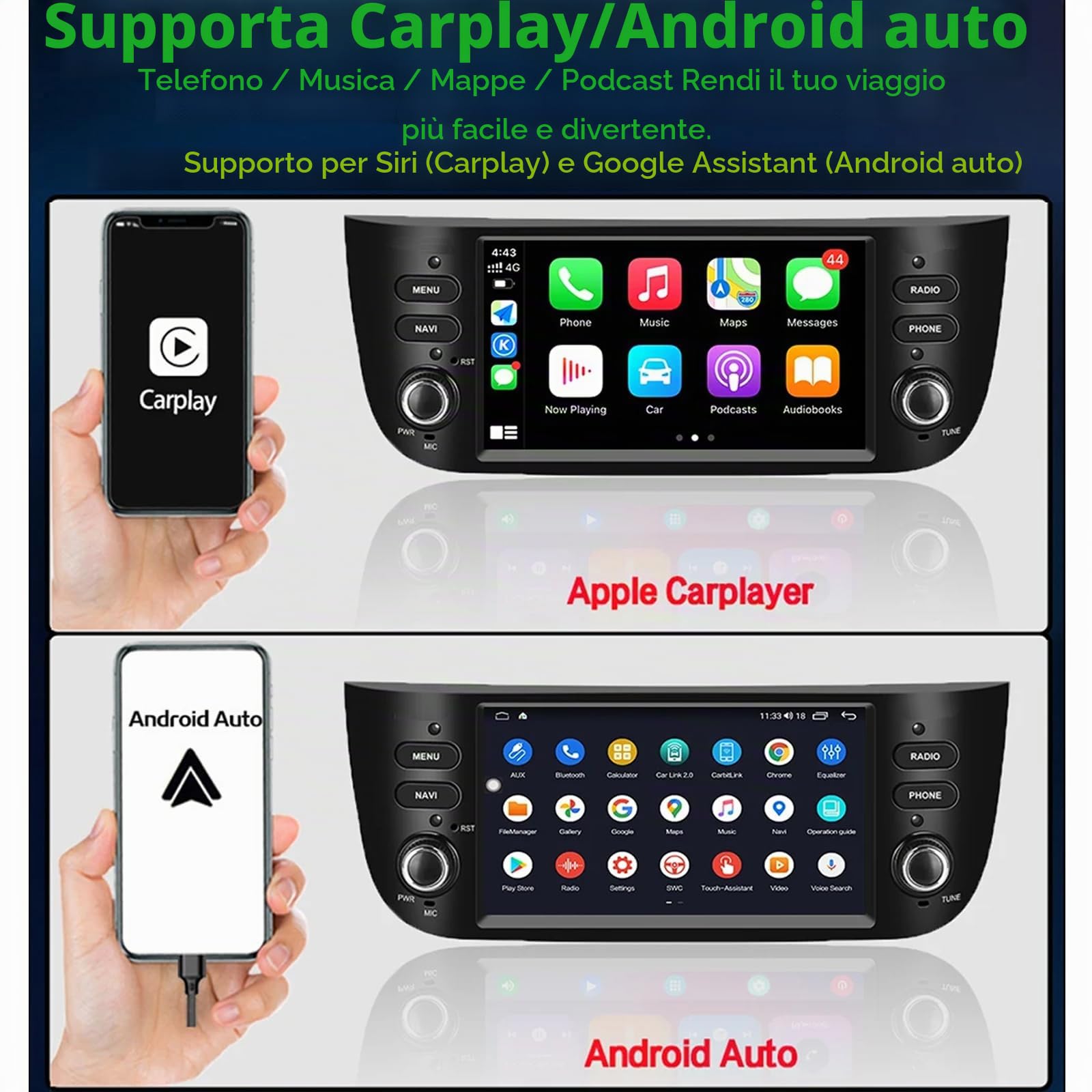 7 Pollici Double DIN Carplay Android Auto Car Stereo Radio Compatibile con Fiat Punto Supporto Bluetooth/Mirror Link/Navigazione GPS/SWC