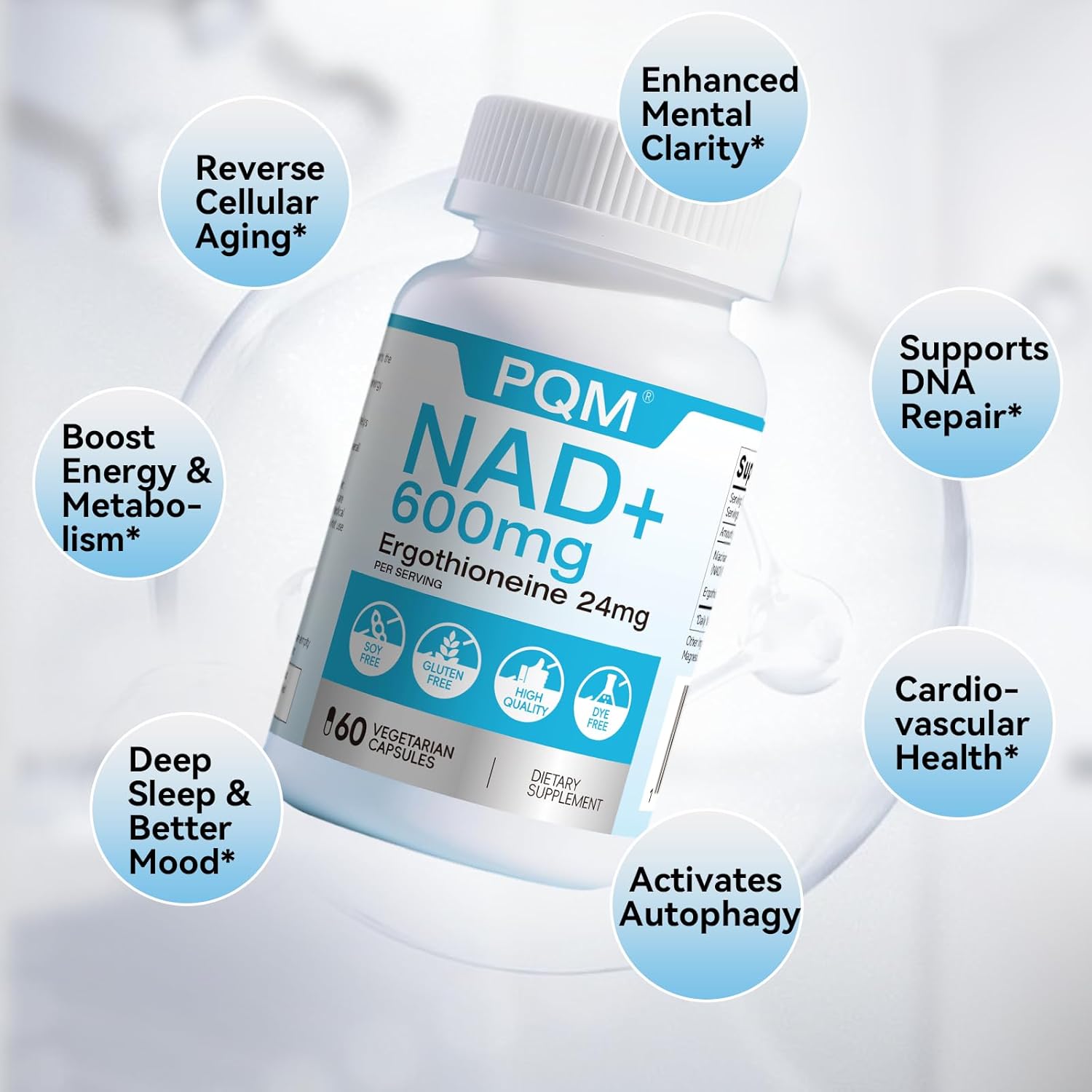 PQM NAD+ 600mg with Ergothioneine 24mg | Supports Cellular Energy, Anti Aging & Vitality | 99% Pure NAD Supplement | 60 Vegetarian Capsules Third-Party Tested