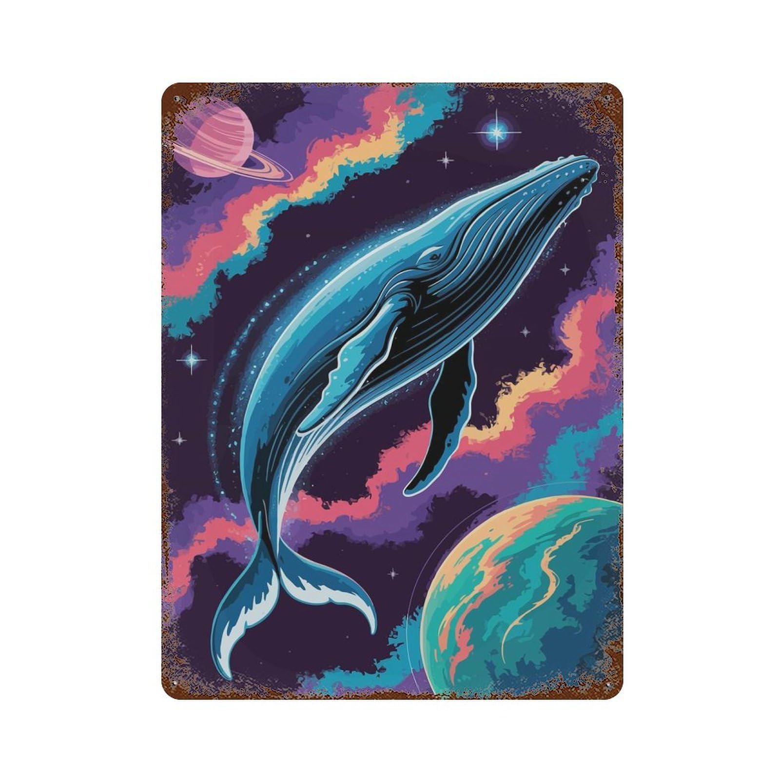 Vintage Rust Metal Sign Whale in Space with Planets 15.7"x11.8", Novelty Wall Decor for Garage, Bar And Workshop Decor