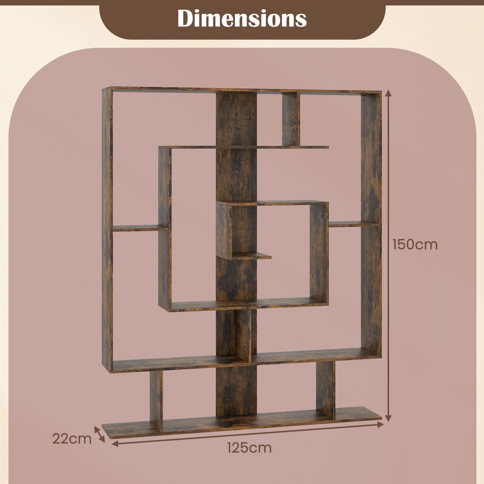 HOMASIS Libreria da Parete Geometrica con 7 Scomparti, Scaffale in Legno con Protezione Anti-Ribaltamento, Espositore Moderno, Libreria Divisoria Ambiente per Soggiorno, 125 x 22 x 150 cm (Marrone)