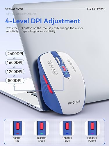 Miniatura 6 de Mouse inalámbrico (Bluetooth y USB de 2.4 GHz) con teclas laterales hacia adelanteatrás, clic silencioso, ratones ergonómicos portátiles con batería