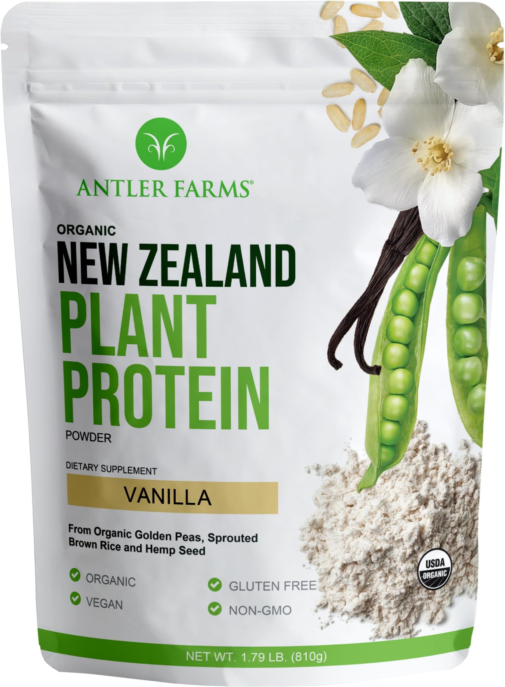 Antler Farms - 100% Pure New Zealand Plant Protein, Vanilla Flavor, 1.79 lbs – Pure and Clean, USDA Certified Organic, Complete Vegan Protein, Delicious