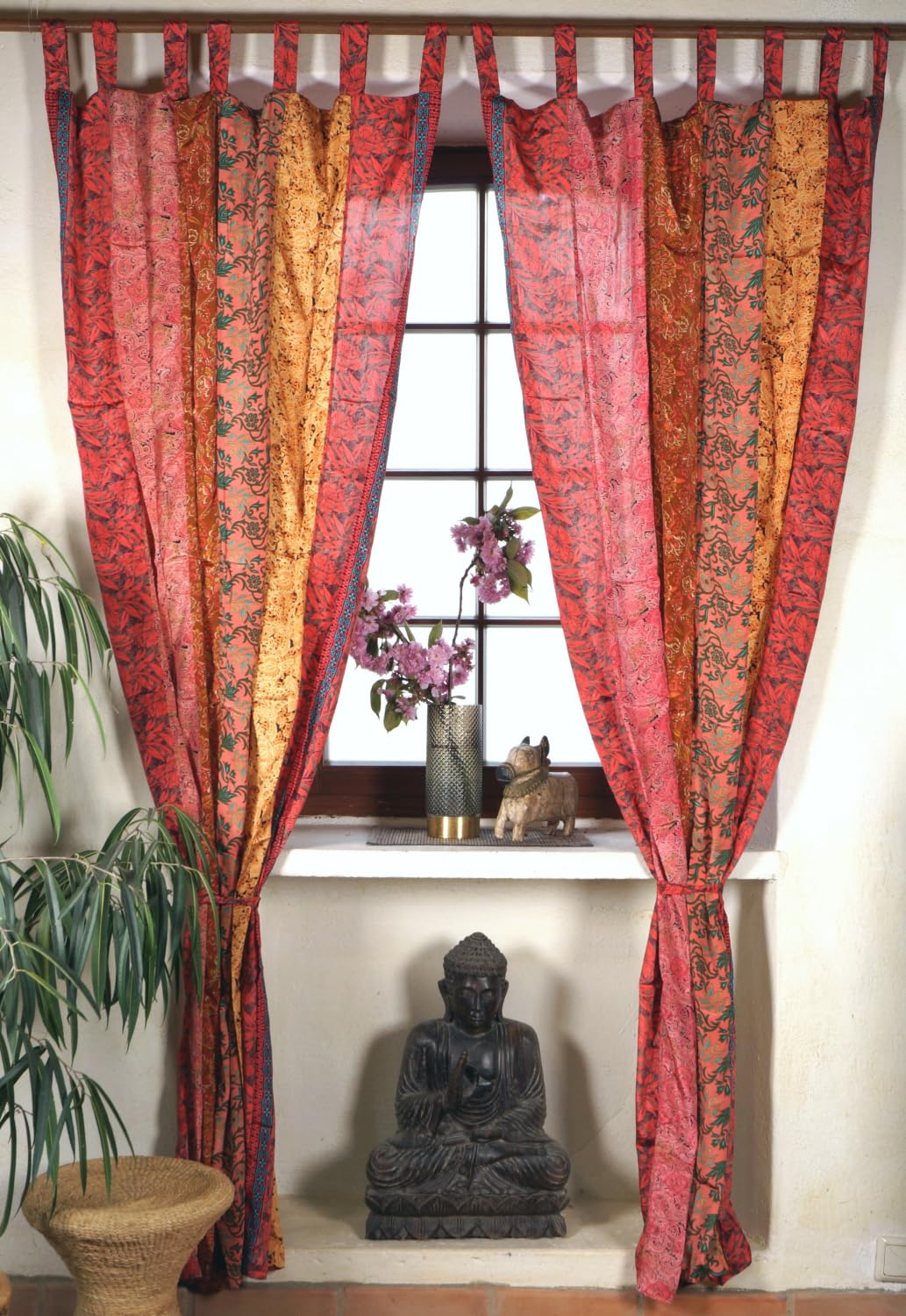 Rideaux à Baldaquin De Lit Bohème King Size - Sari Soie Rouge Or Jaune Décor Boho Ethnique