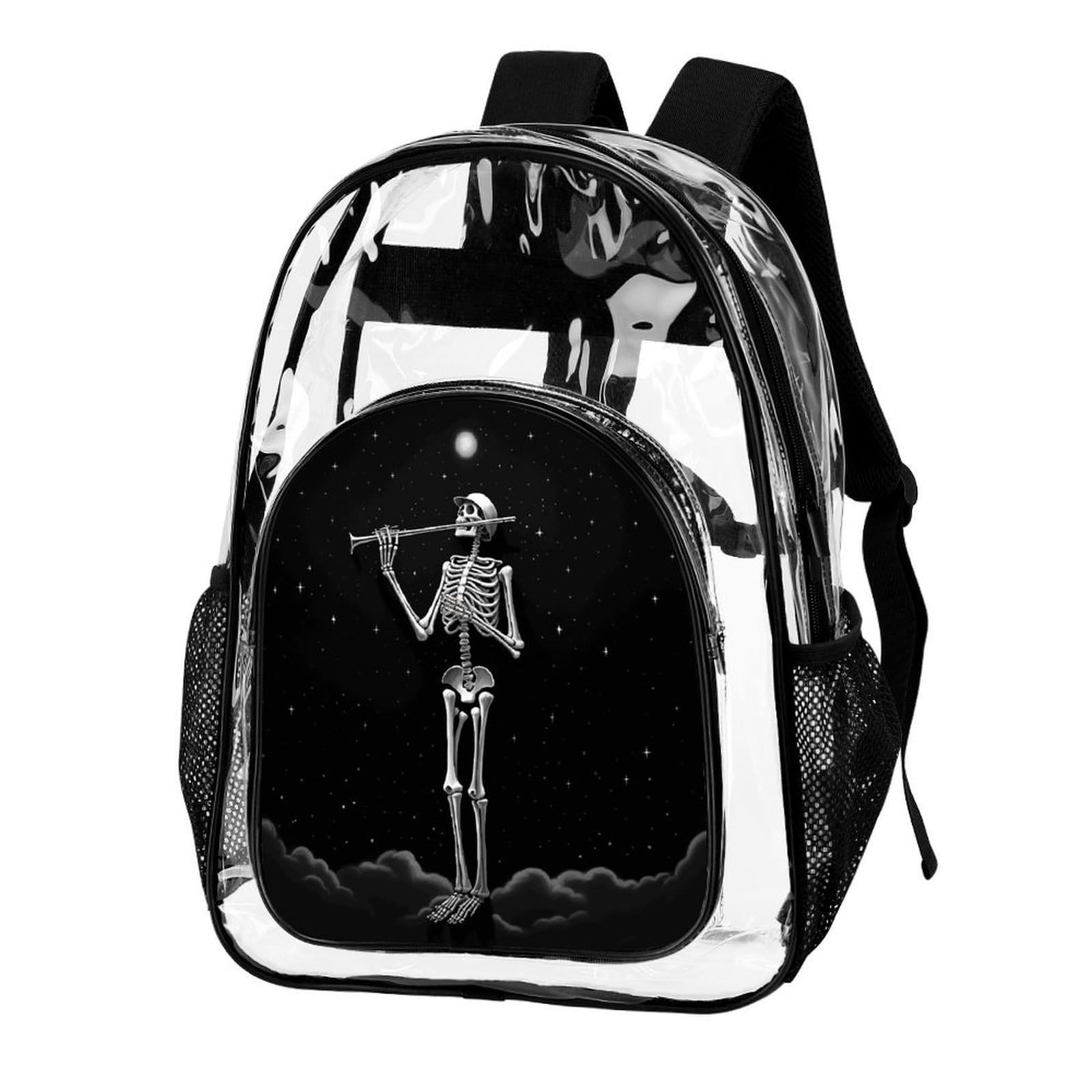 Transparenter Rucksack, Motiv: Skelett in der Nacht, groß, transparent, PVC, Büchertasche für Sicherheit, Arbeit, Reisen, Stadion