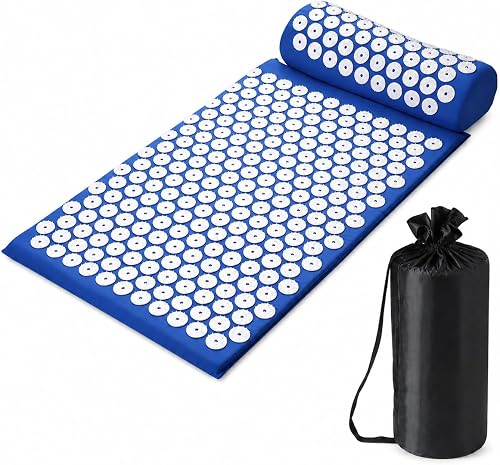 Acupressure Mat and Pillow Set with Carry Bag, Blue | Spike Massage Points, Back Pain Relief, Neck Support Pillow, Portable Carry Bag, Stress Relief