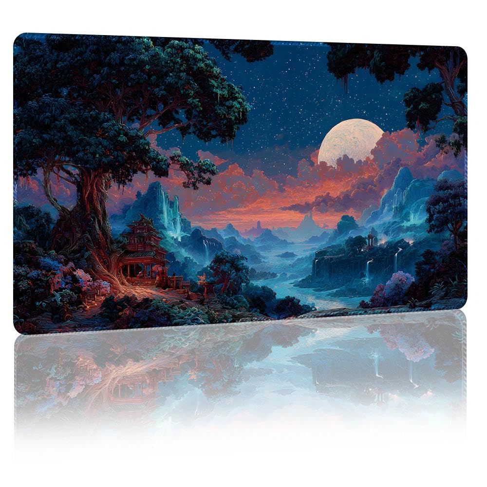 DUNQEO Fantasy Game Mat Compatible with MTG, TCG – 24”x14” Playmat with Stitched Edges for Trading Card Games, Board Games & Desk Use(Moonvale,No Game Zones)