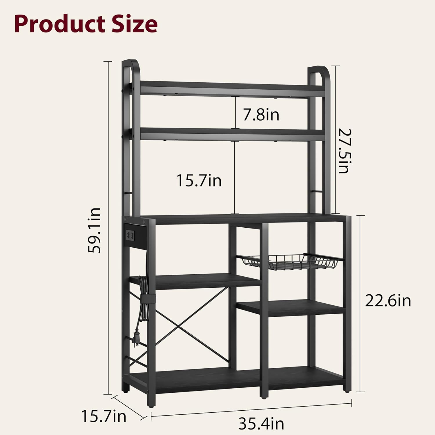 Black Industrial Bakers Rack with Power Outlet and Wire Drawer