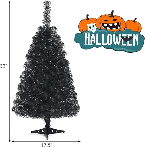 Miniatura 7 de Goplus Árbol de Navidad negro sin luz de 3 pies, árbol de Halloween artificial, árbol de Navidad pequeño de alta calidad para decoración del hogar,