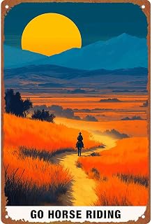 Vintage "GO HORSE RIDING" Metal Tin Sign, 8x12 Inches Aluminum Wall Art, Retro Western Riding Landscape Decor for Home Living Room Garage Cafe Bar