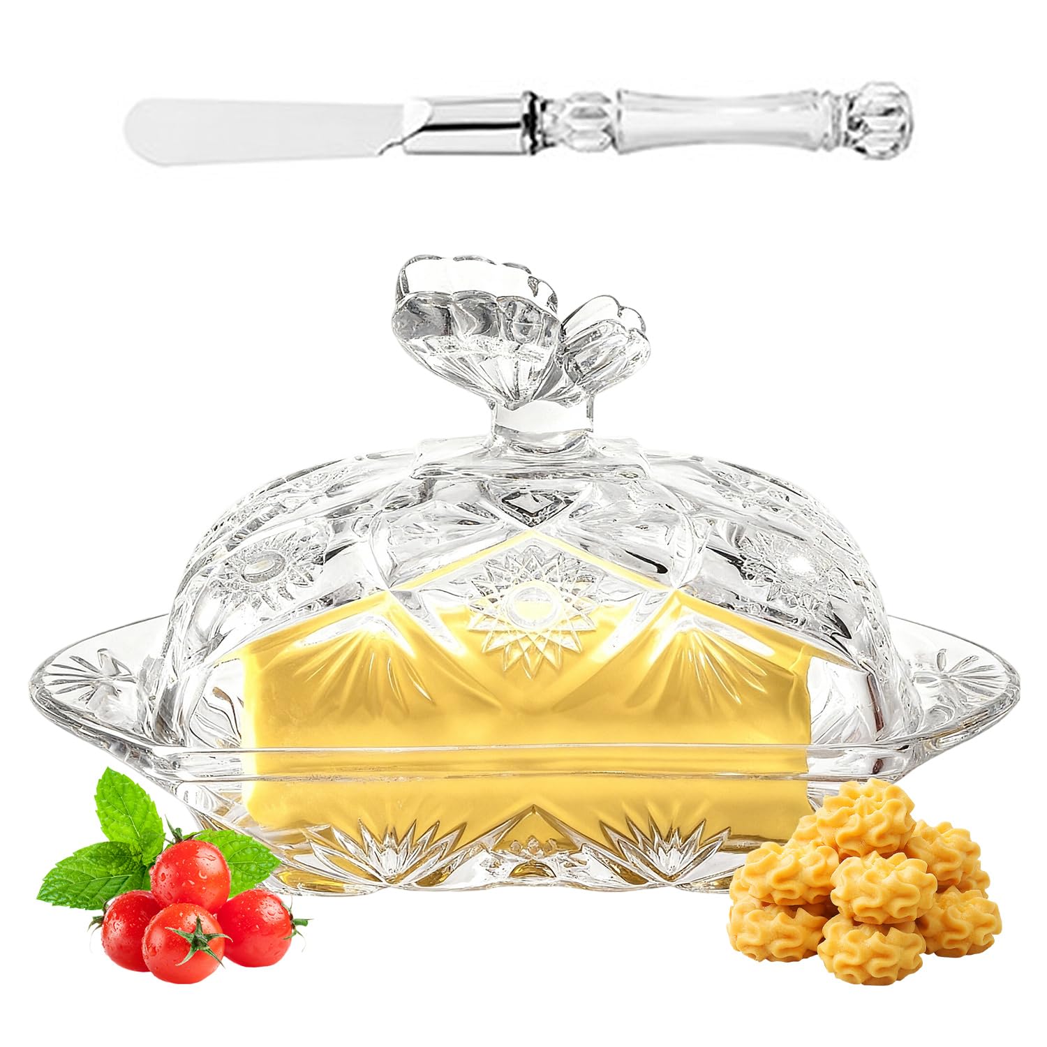 Plato de Mantequilla de Vidrio, Soporte para Mantequilla con Cuchillo de Mantequilla de Acero Inoxidable Recipiente para Mantequilla con Tapa Cubierta de Cristal para Pastel Queso