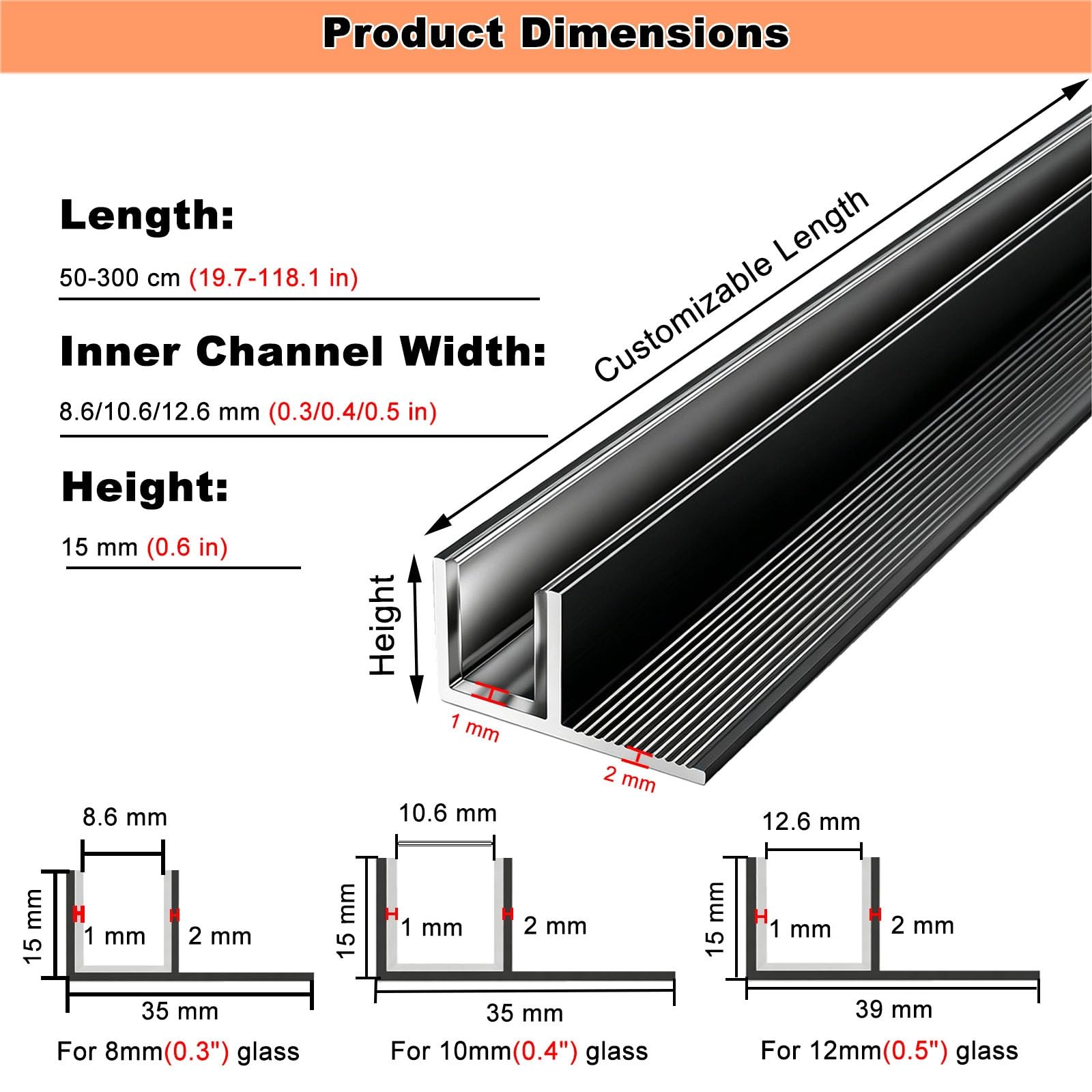 Profil aluminiowy F do prysznica Heavy Duty | Z PVC nizione pasuje do szklanych ścianek prysznicowych 8/10/12 mm (12 mm czarny, 240 cm / 94.5 in/94,5 cala)