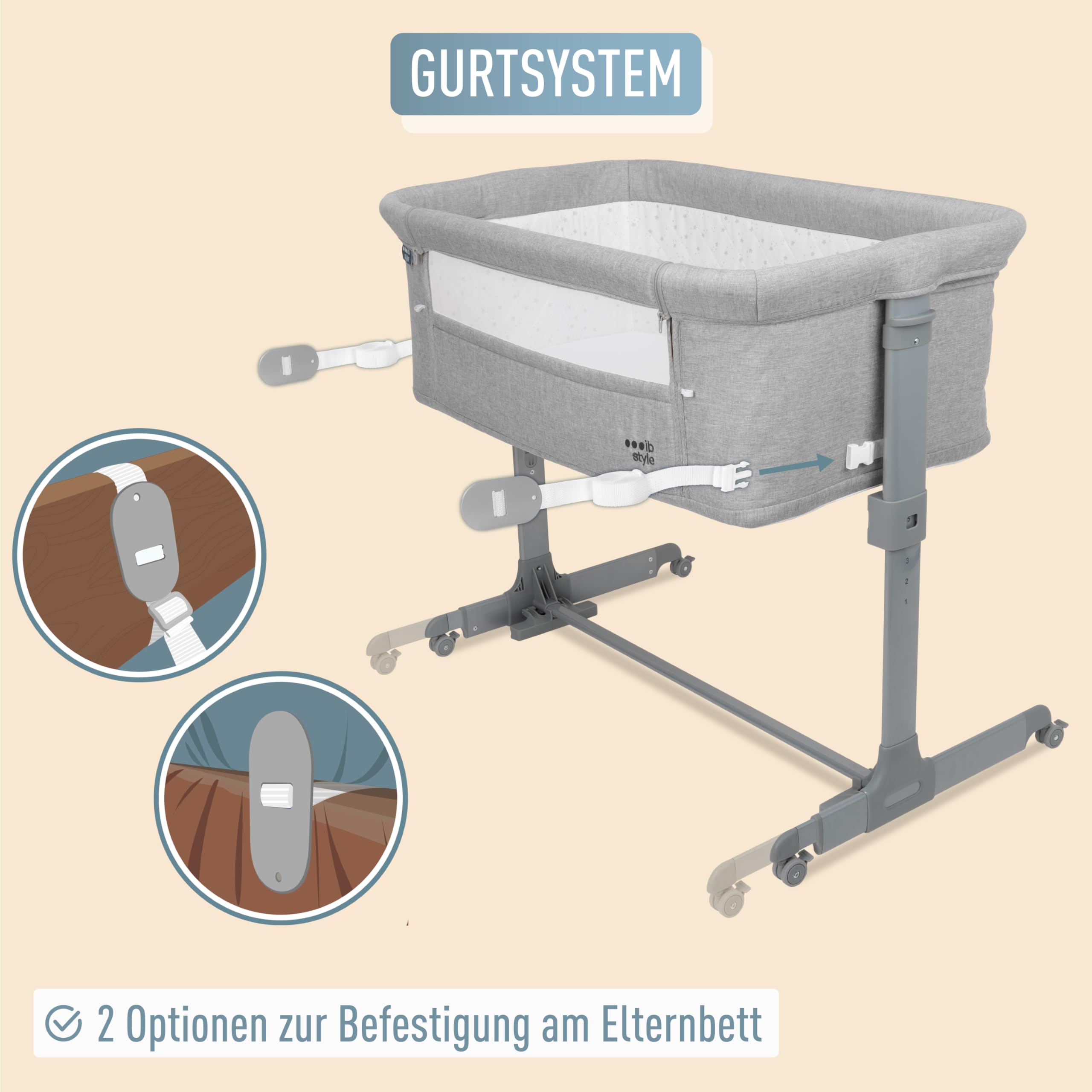ib style Aluna 3in1 Beistellbett, Babybett, Zustellbett, weiche Matratze, 5-Fach Höhenverstellbar, Reisebett mit Tasche, Kinderbett mit Rollen, Wiege, für Zuhause und Unterwegs - Hell Grau