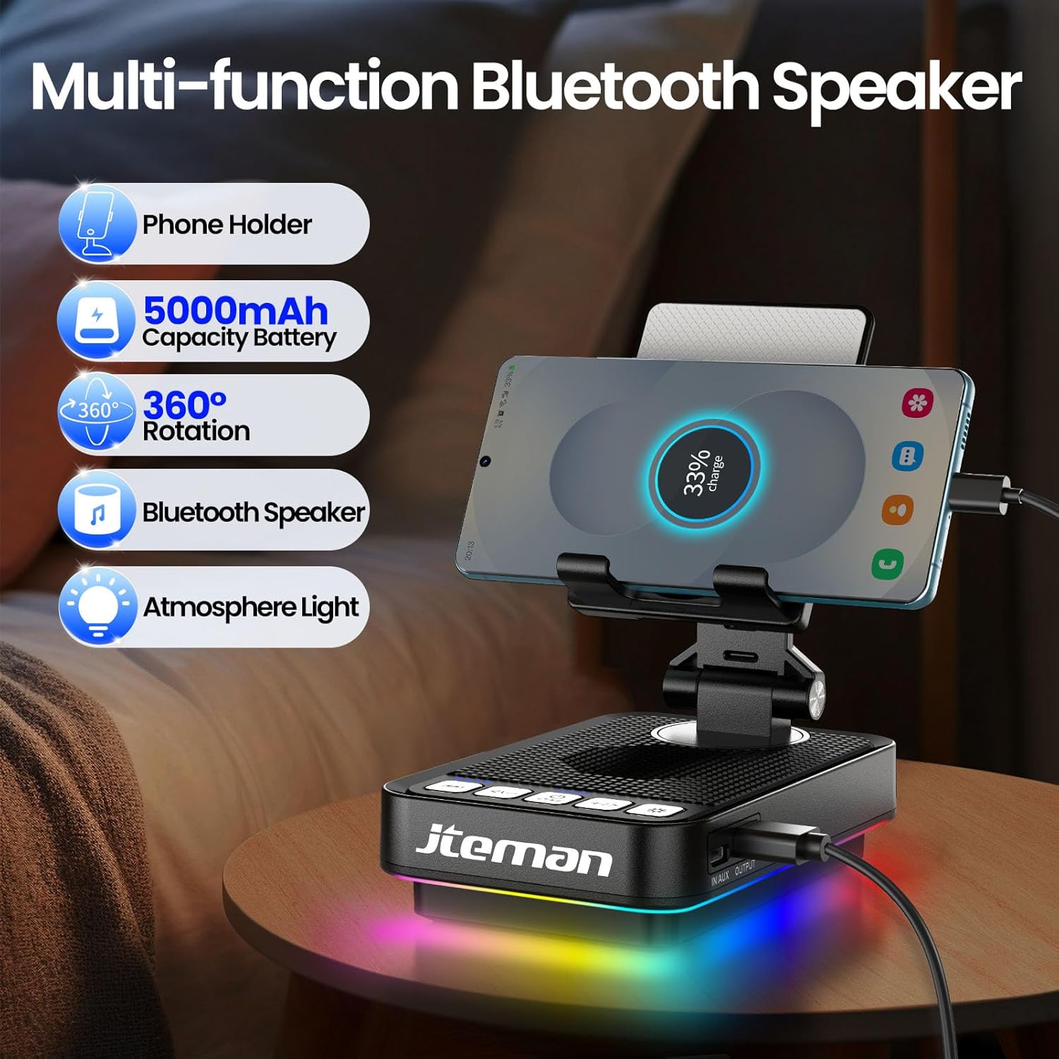 JTEMAN Gifts for Men Women Phone Stand Bluetooth Speaker with Light and Charging Function, 360 Rotating Phone Holder Cool Tech Gifts for Dad Mom Husband Unique Birthday Gift Ideas
