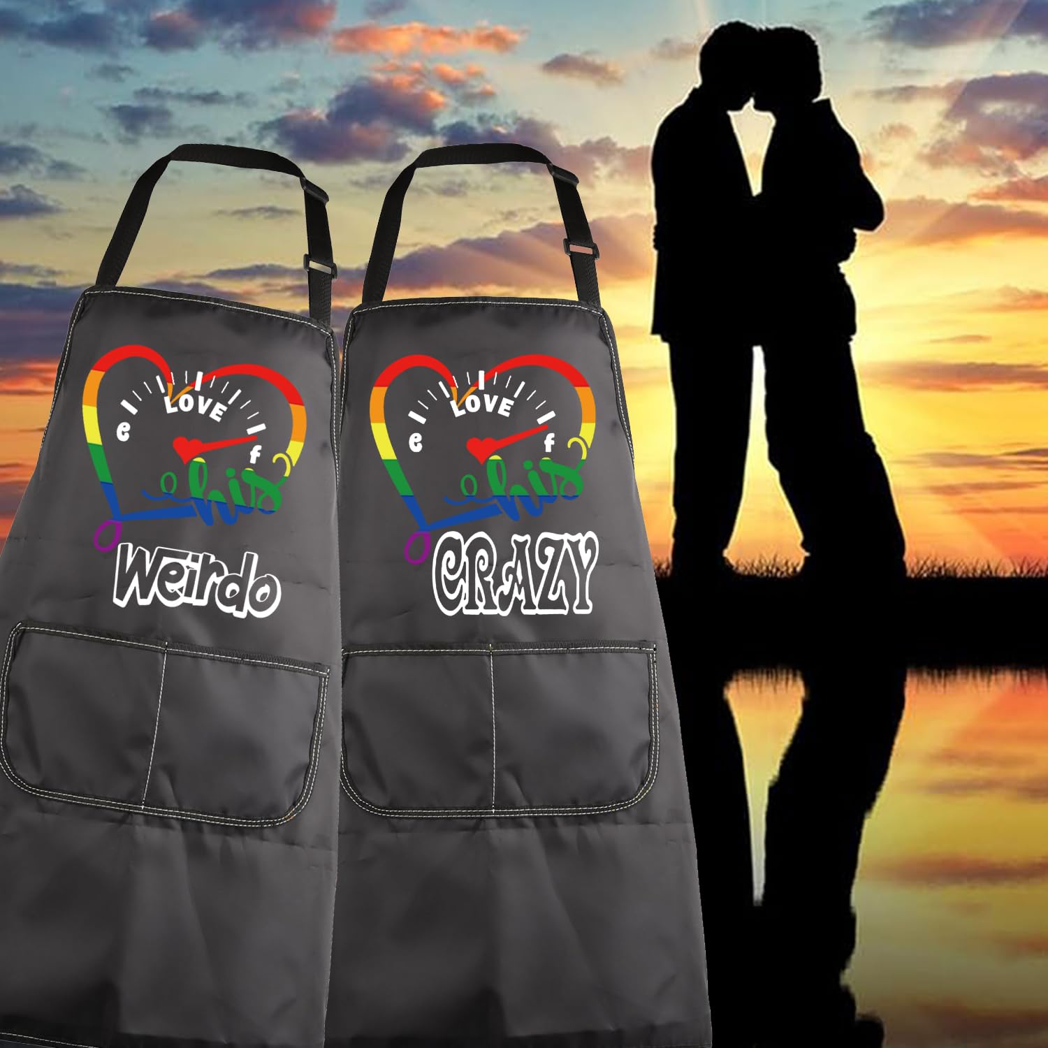 MBMSO Delantal de cocina con texto en inglés "His Crazy His Weirdo", regalo de pareja gay, delantal de rayas arcoíris