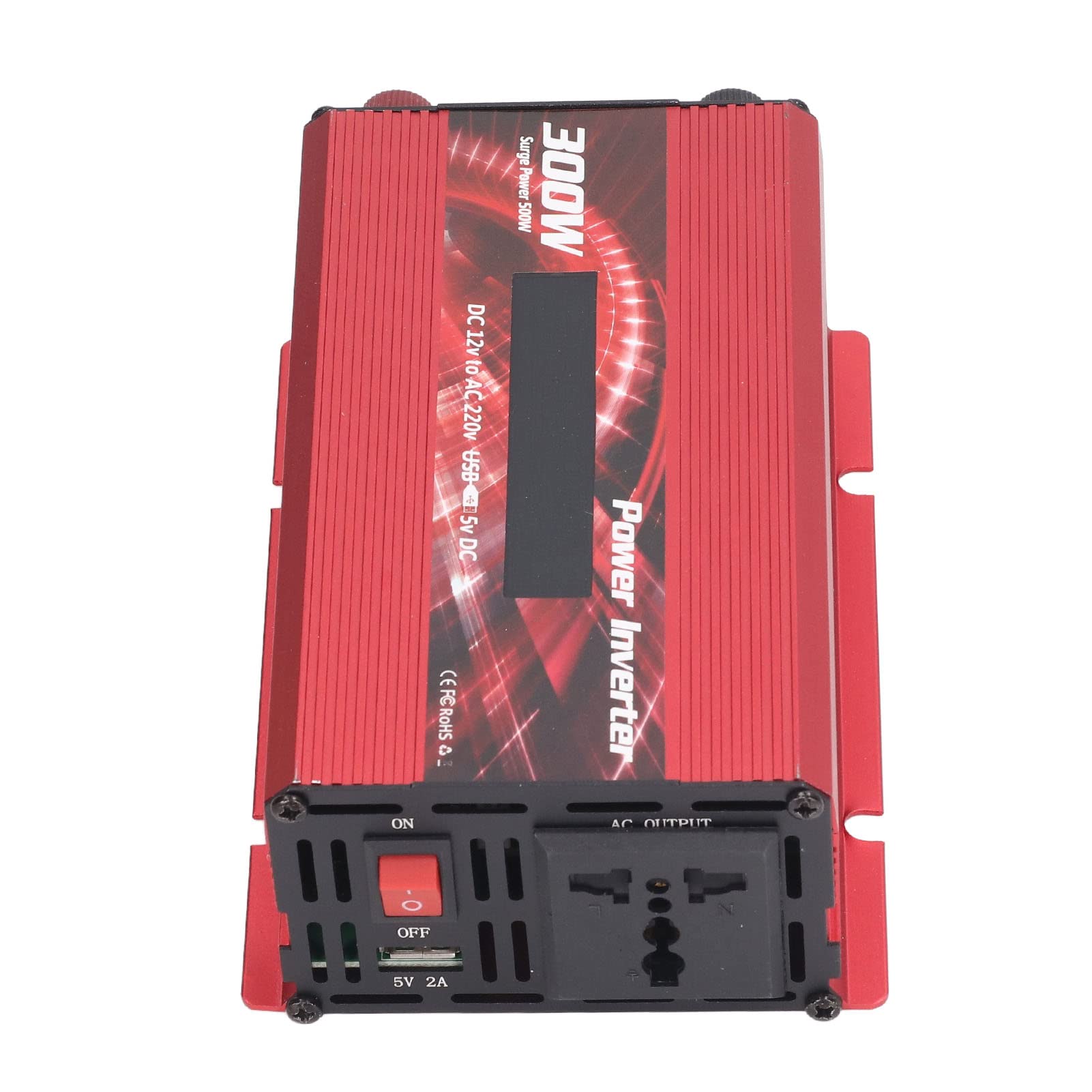 YWBL-WH Konwerter Samochodowy Aluminiowy Falownik 300 W DC 12 V na AC 220 V z 2 A USB Wentylator Chłodzący z Wyświetlaczem LCD Do Podróży Samochodem Wycieczki Drogowe Do Użytku na Zewnątrz (czerwony)