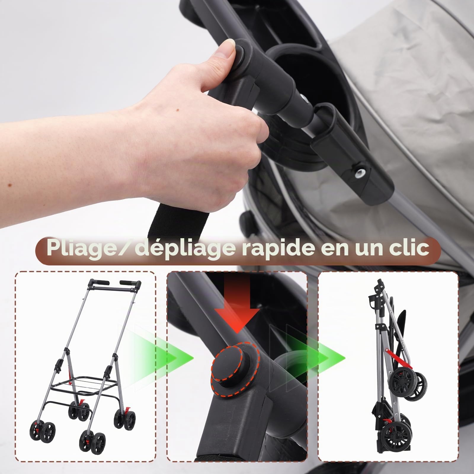Poussette pour Chien 3-en-1, Poussette pour Chien Pliable Petits Chiens et Chats jusqu'à 20 kg, Roues Résistant à l'Usure à 360°, Animaux Sac de Transport Pliable (Gery)