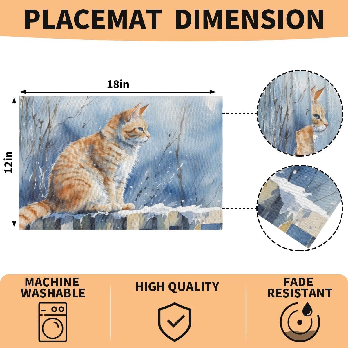 Fence Cat Snow Placemats Set of 6 Fabric Placemats 12x18 Inch Square Placemat for Kitchen Table Heat Resistant, Easy to Clean Table Placemats