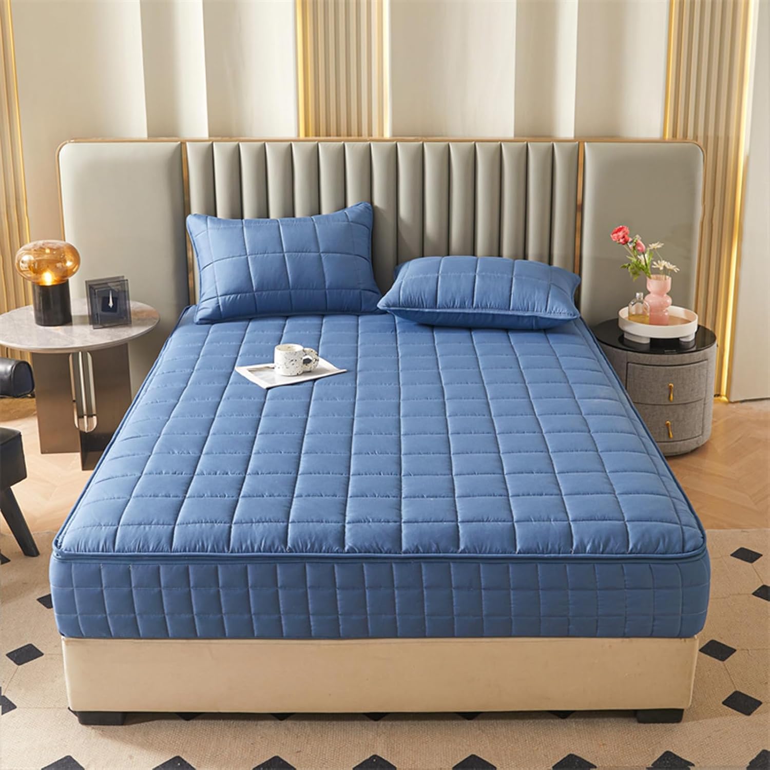 Matratzenbezug mit Reißverschluss, anpassbare Größe, einfarbig, warm und bequem, extra weicher Matratzenschoner-Blue- 180x200+25cm