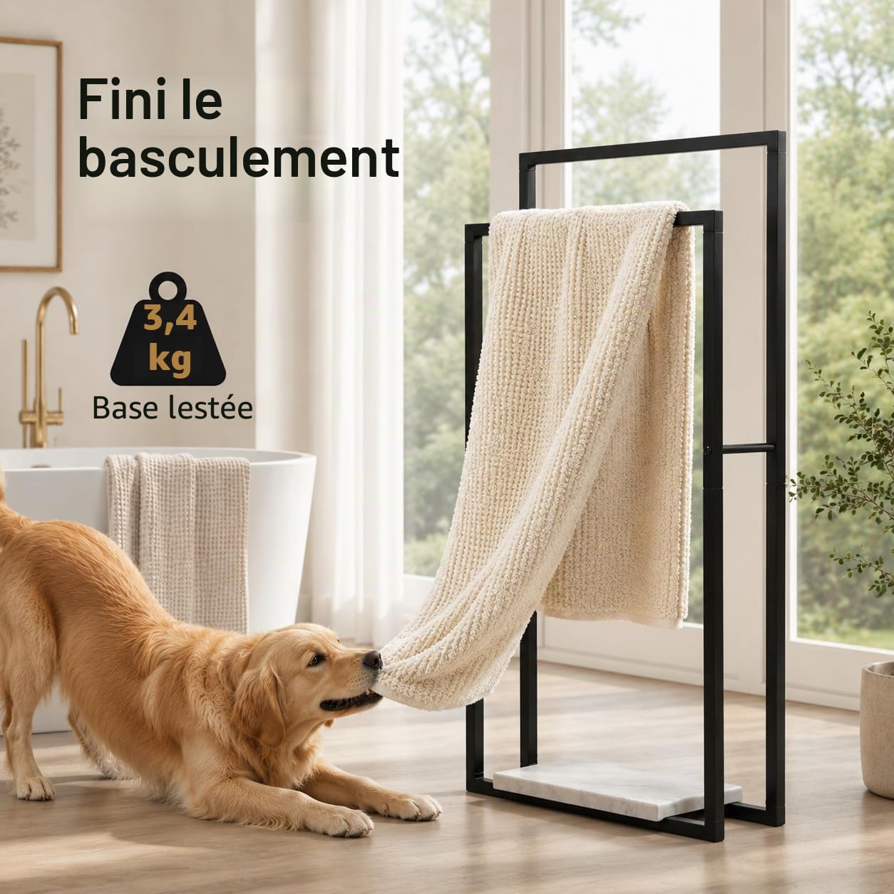 KES Porte-Serviettes sur Pied Noir, Double Porte-Serviettes Salle de Bain Porte Serviette avec Base en Marbre Barre Seche Serviette, BTH501-BK