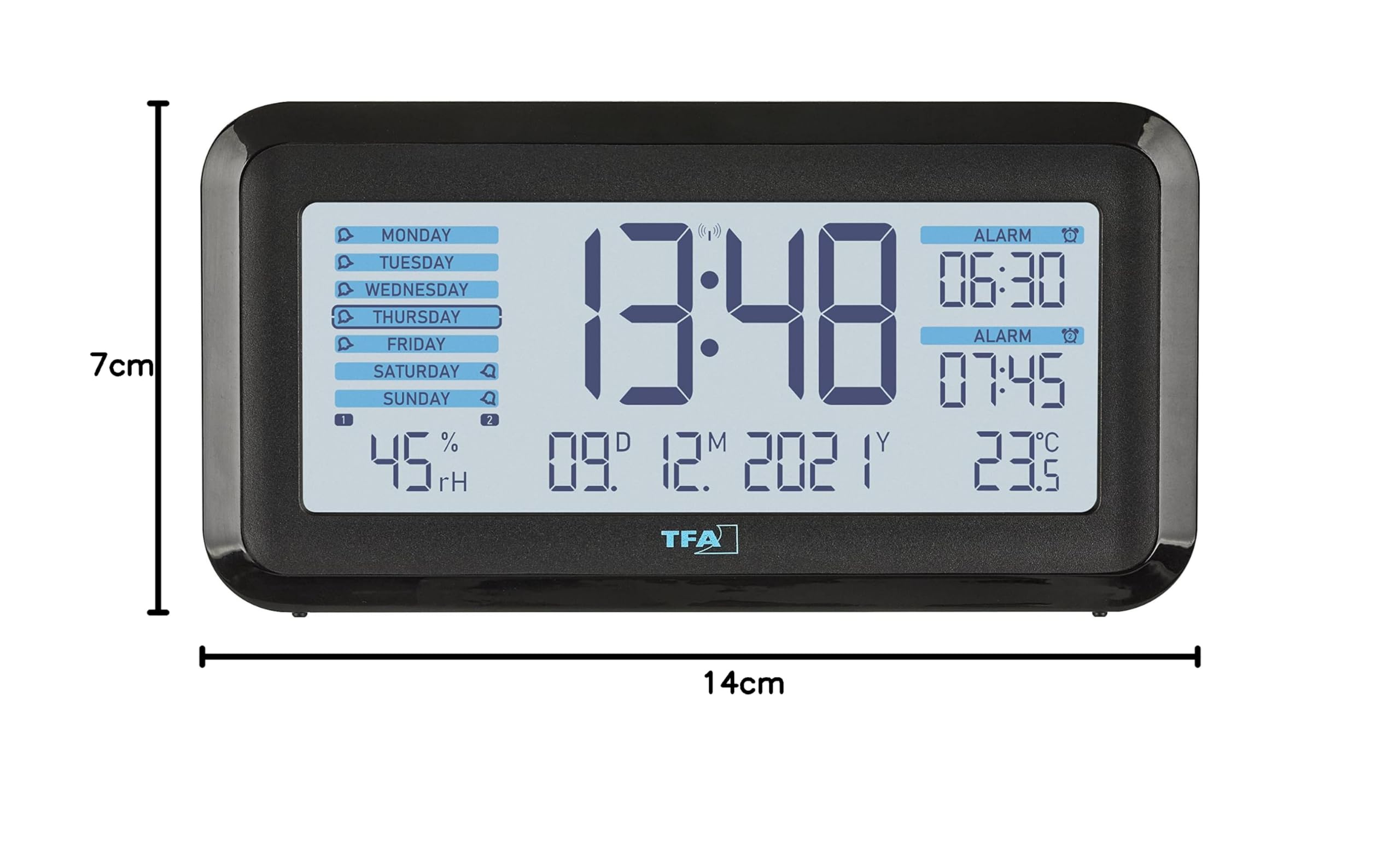 TFA Dostmann Boxx2 Despertador Digital Radiocontrolado, 60.2562.01.GB, con Batería, 2 Horas de Alarma, Pantalla en Inglés, con Termohigrómetro, Negro-Turquesa, (L) 138 x (B) 52 x (H) 72 mm