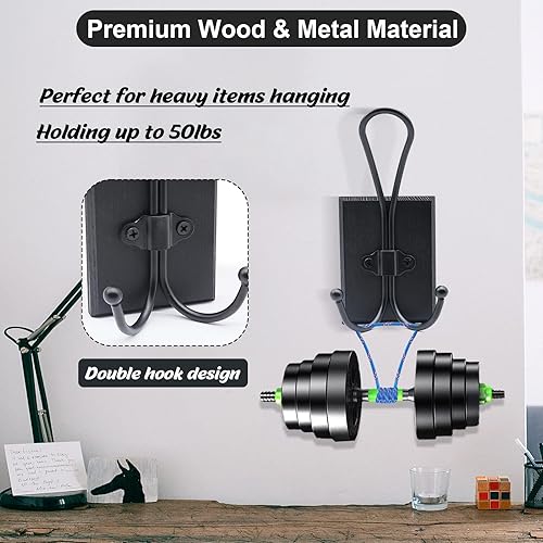 Miniatura 4 de Ganchos dobles para toallas de baño, paquete de 2 ganchos para abrigos de granja montados en la pared, ganchos de pared de madera decorativos