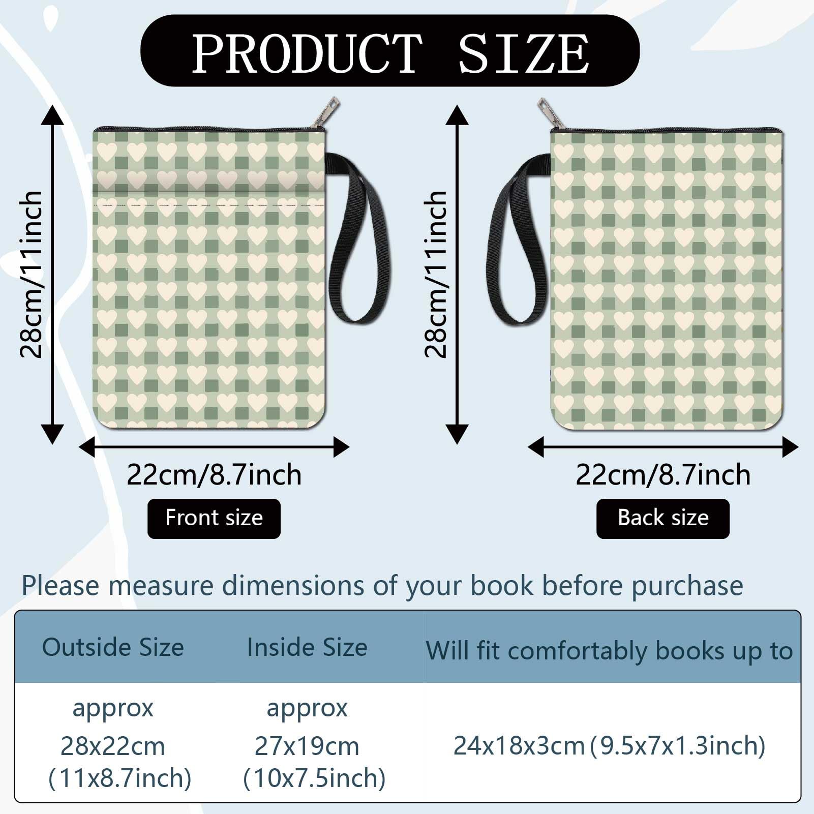 CRASPIRE Heart Book Covers Green Plaid Book Sleeve Book Protector for Paperbacks Washable Fabric Cloth Book Cover with Zipper and Extra Sleeve Pocket for Book Lovers Classmate Gifts - Image 2