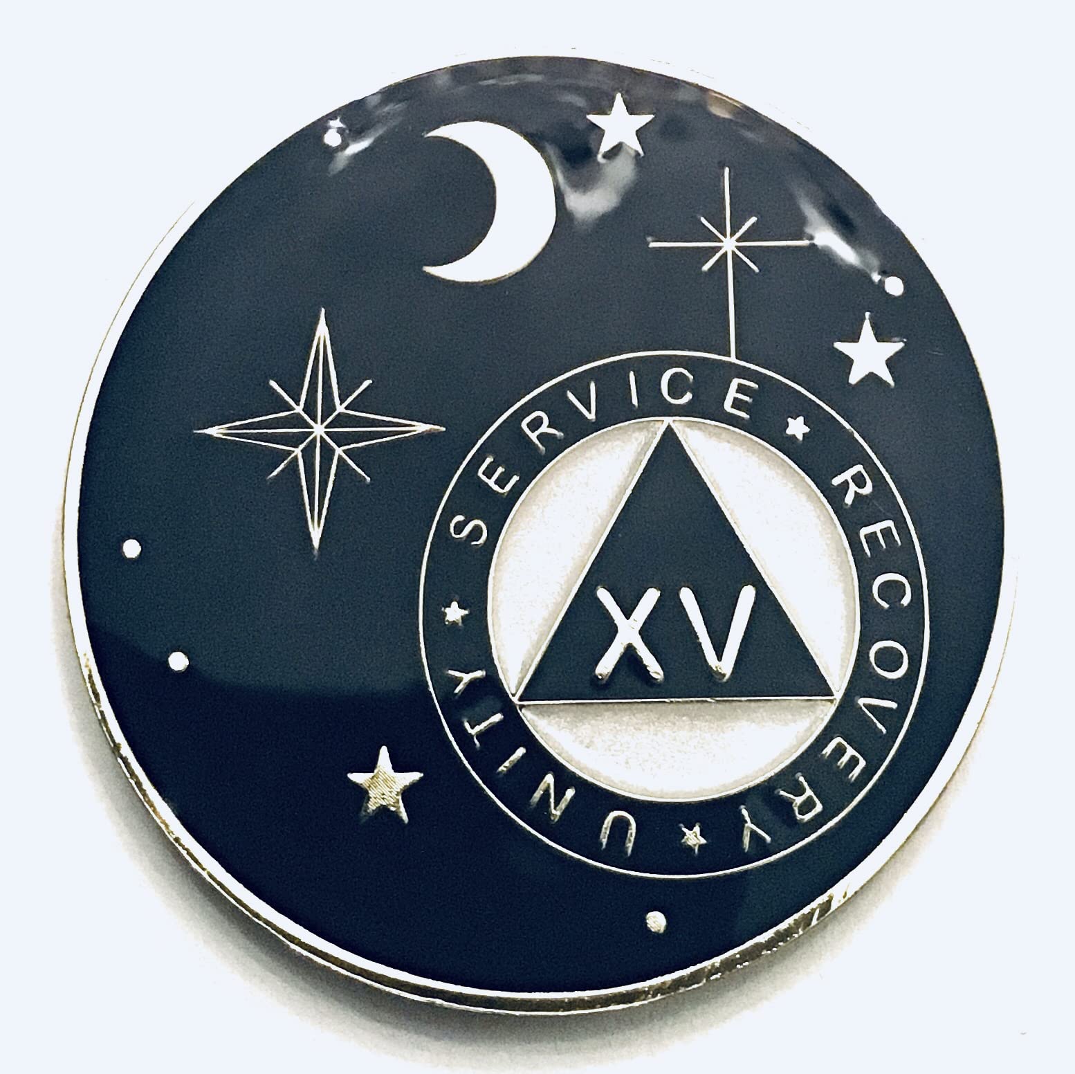 15 Year AA Medallion - Alcoholics Anonymous- The Moon & Stars, Rocket Chip Dark Blue & Gold Sobriety Medallion, Token