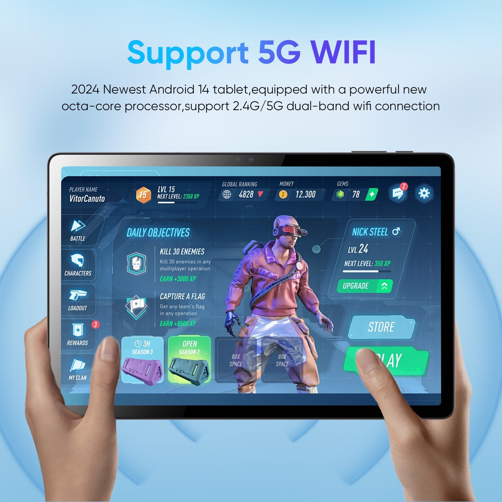 weelikeit tablet screen showing the Android 14 operating system logo and details about its Octa-Core Unisoc T606 CPU.