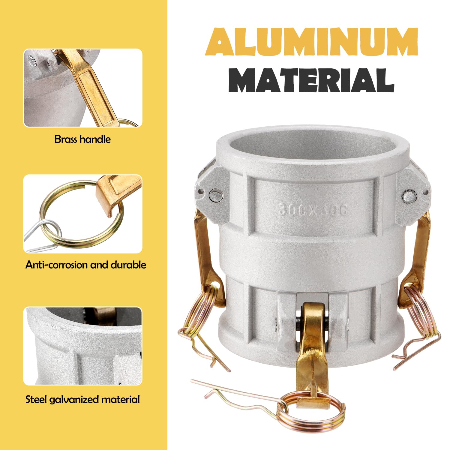DD3030 Acoplador de bobina de leva y ranura de aluminio tipo DD, Camlock hembra de 3 pulgadas x Camlock hembra de 3 pulgadas (CAM-30-DD-AL)