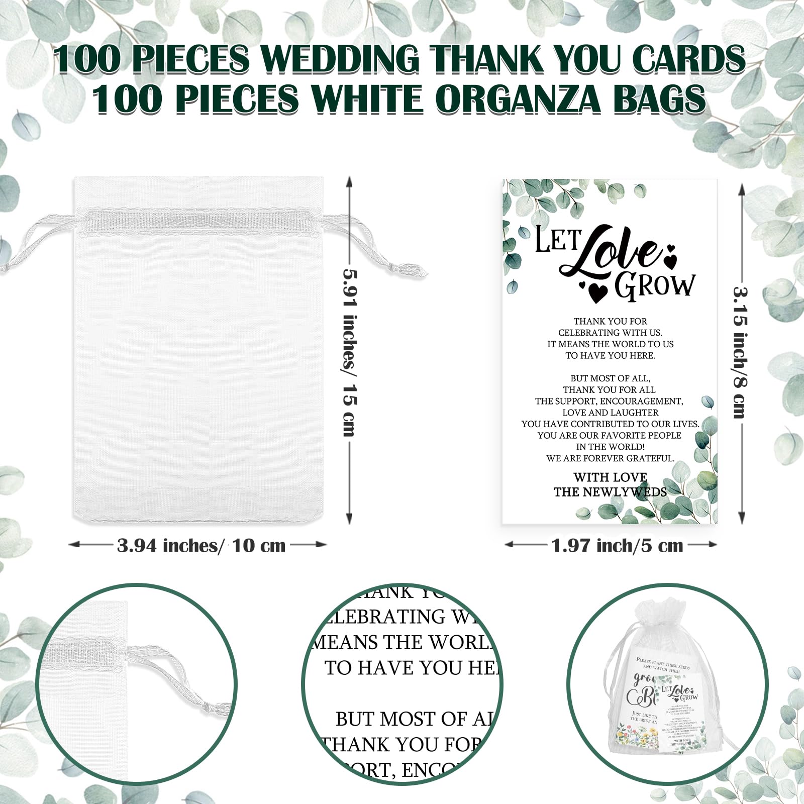 Ctosree Hochzeitsgeschenke für Gäste, 100 Stück, selbstklebend, Kraftpapier, Samenumschläge, 100 Stück, "Let Love Grow"-Karten, 100 Organza-Geschenktüten für Brautparty, stilvoll, 100 Stück
