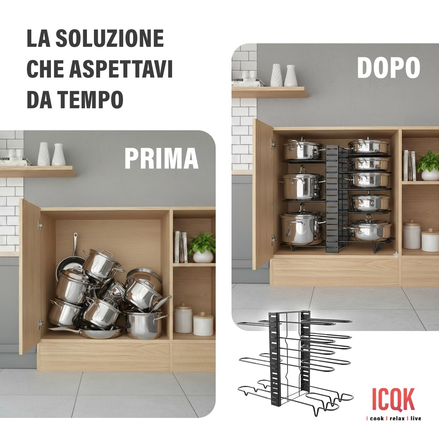 Organizador para tapas de ollas ajustable, 8 compartimentos, 3 configuraciones posibles, cajones, armario, divisores ajustables, antideslizante, vertical u horizontal, organizador de sartenes