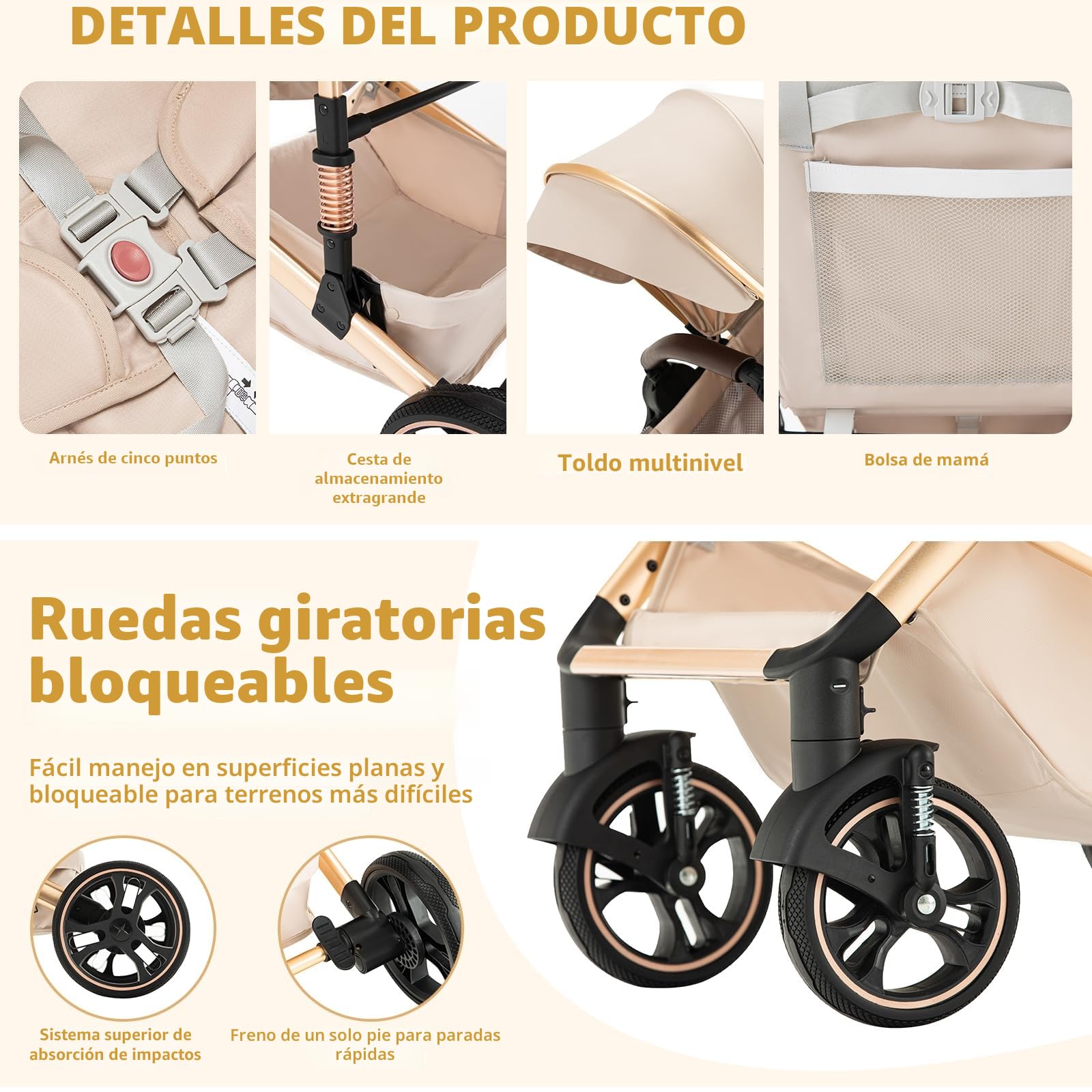BEBBY BEBBY Cochecito de bebé 3 en 1,Carricoche Combinado Paisaje Alto Marco de Aluminio Para Recién Nacido0-22KG,Portátil Carrito Bebe 3 en 1 Con Asiento De (H9-PINK, H9)
