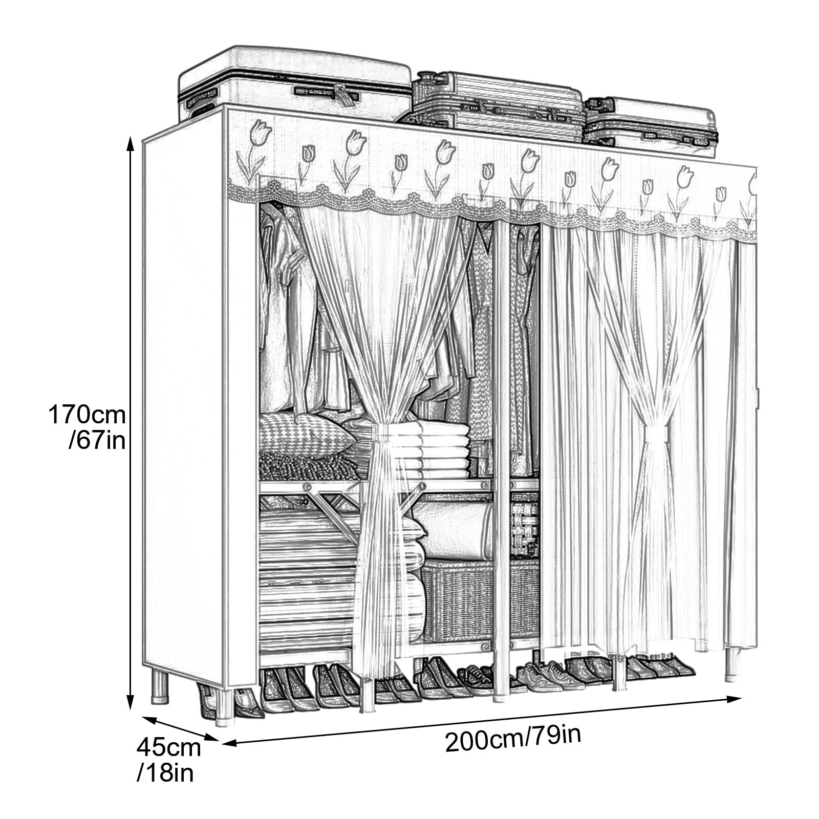 Stoffkleiderschrank mit Oxford-Stoffbezug, Tragbarer Faltbarer Kleiderschrank, Standkleiderschrank, Faltbar mit Kleiderstange, Ideal für Schlafzimmer(Yellow,200cm/79in)